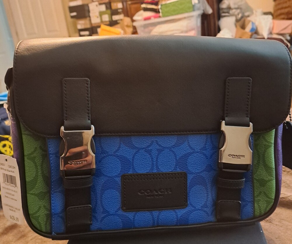 Coach Blue,Green & Purple Signature Canvas Messenger Bag with Black Leather. NWT
